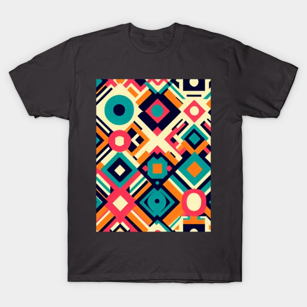 A retro-inspired pattern featuring bold colors and geometric shapes reminiscent of the 1970s T-Shirt by maricetak